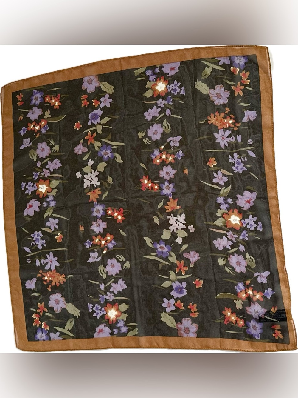 VTG 1980s Whimsygoth Floral Square Scarf Black Purple & Orange Blooms